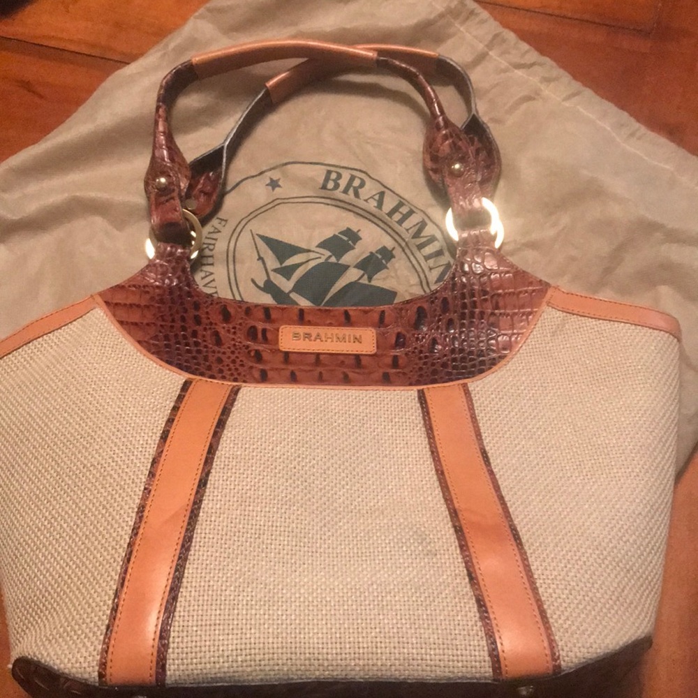 Brown leather and tan woven  Brahmin Tote